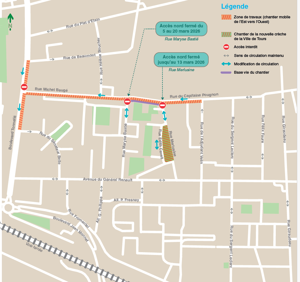 Plan de déviation travaux Lignes2tram - Secteur Michel Baugé/Capitaine Pougnon/Tonnellé Est